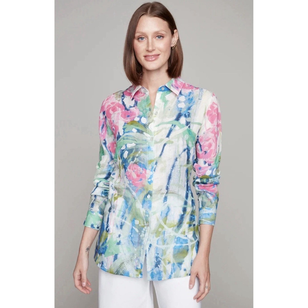 Claire Desjardins Return of an Old Friend Abstract Art $130 Ramie Blouse Size L